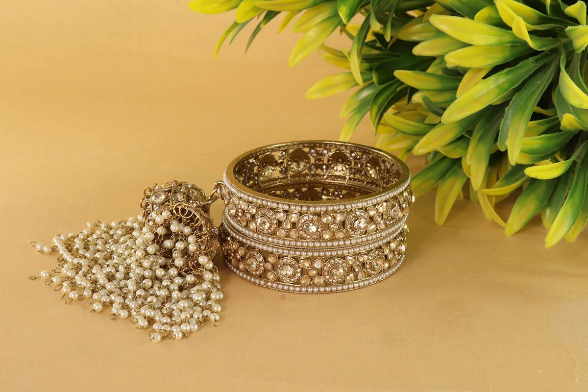 NMII Premium Alloy Latkan Kada Set Studded With Beads & Zircon Gemstone For Women & Girls | Traditional Pearls Kada Set | Kalira Bangles For Bridal | Dulhan Chudi Set For Wedding & Partys - Set Of 2