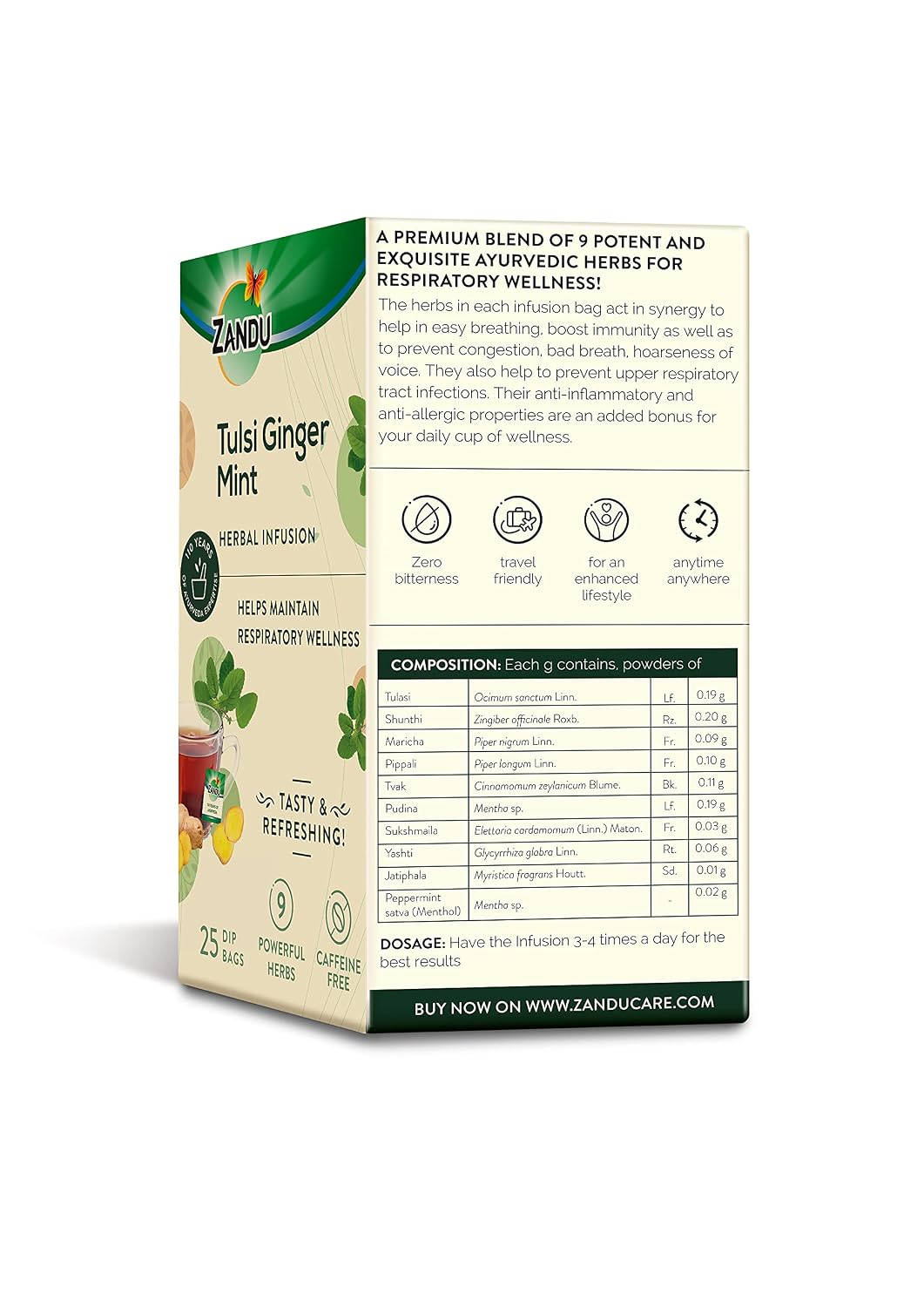 Zandu Tulsi Ginger Mint Herbal Infusion, a Herbal Tea Enriched with Ayurvedic Ingredients (25 Tea Bags)