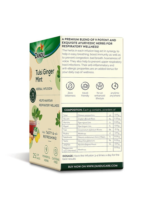 Zandu Tulsi Ginger Mint Herbal Infusion, a Herbal Tea Enriched with Ayurvedic Ingredients (25 Tea Bags)