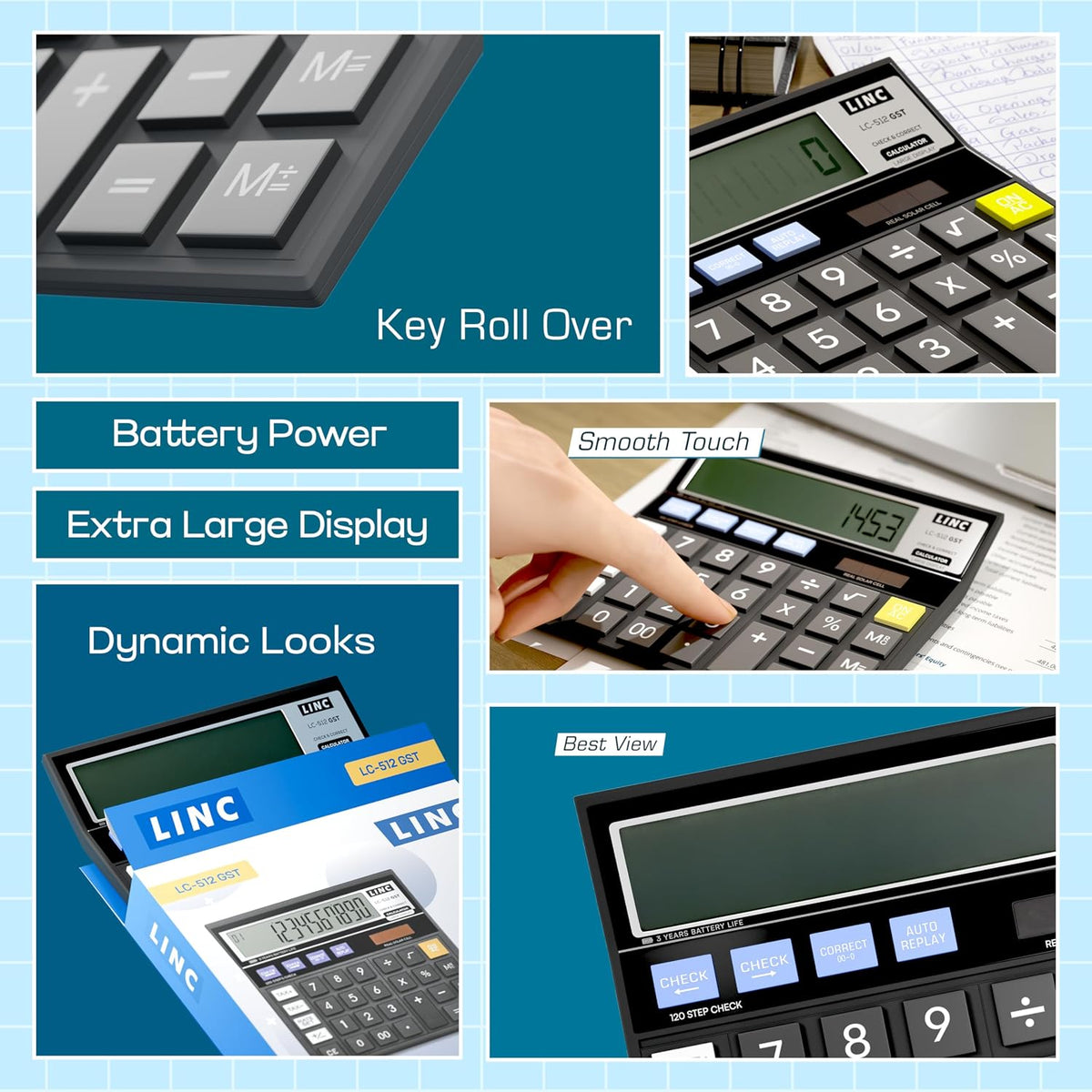 Linc LC-512 Desktop 12 Digits Series GST & Tax Calculator, 120 Steps Check, Black,Pack of 1