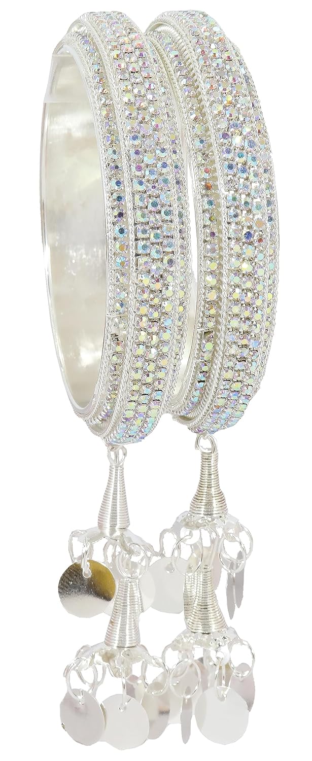 NMII Metal & Gold White American Diamond Stone Latkan Bangles Set For Girls and Women | Bangles with Latkan | AD Bangles | Stylish Bangles For Wedding, Party, Occasion Fashion Jewellery- Set of 2