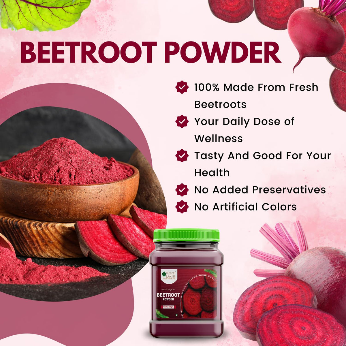 Bliss of Earth 2x500Gm Beetroot Powder natural Spray Dried (pack of 2)
