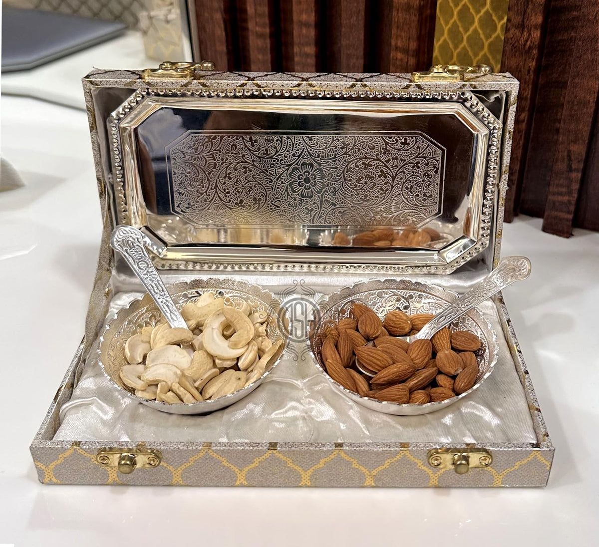 DSH Crafting Your CURIOSITYDry Multipurpose Metal Bowl Spoon Serving Set with Tray Used for Dry Fruit Home Hotel Tableware Decorative and Gift Item.(S-502-CAPLm-5P-SRB)