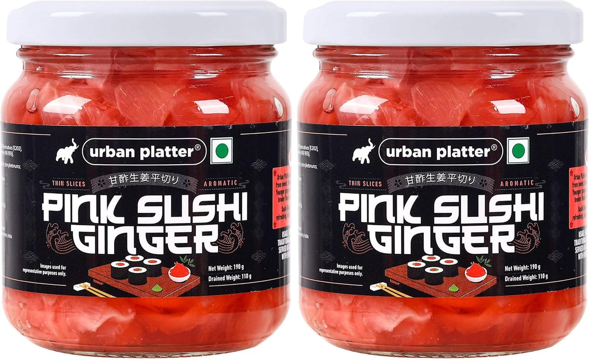 Urban Platter Pink Sushi Ginger, 190g, Drained Weight 110g [Gari, Japanese Style Pickled Ginger, Sushi Ingredient, Thinly Sliced, Perfectly Aromatic] (Pack of 2)