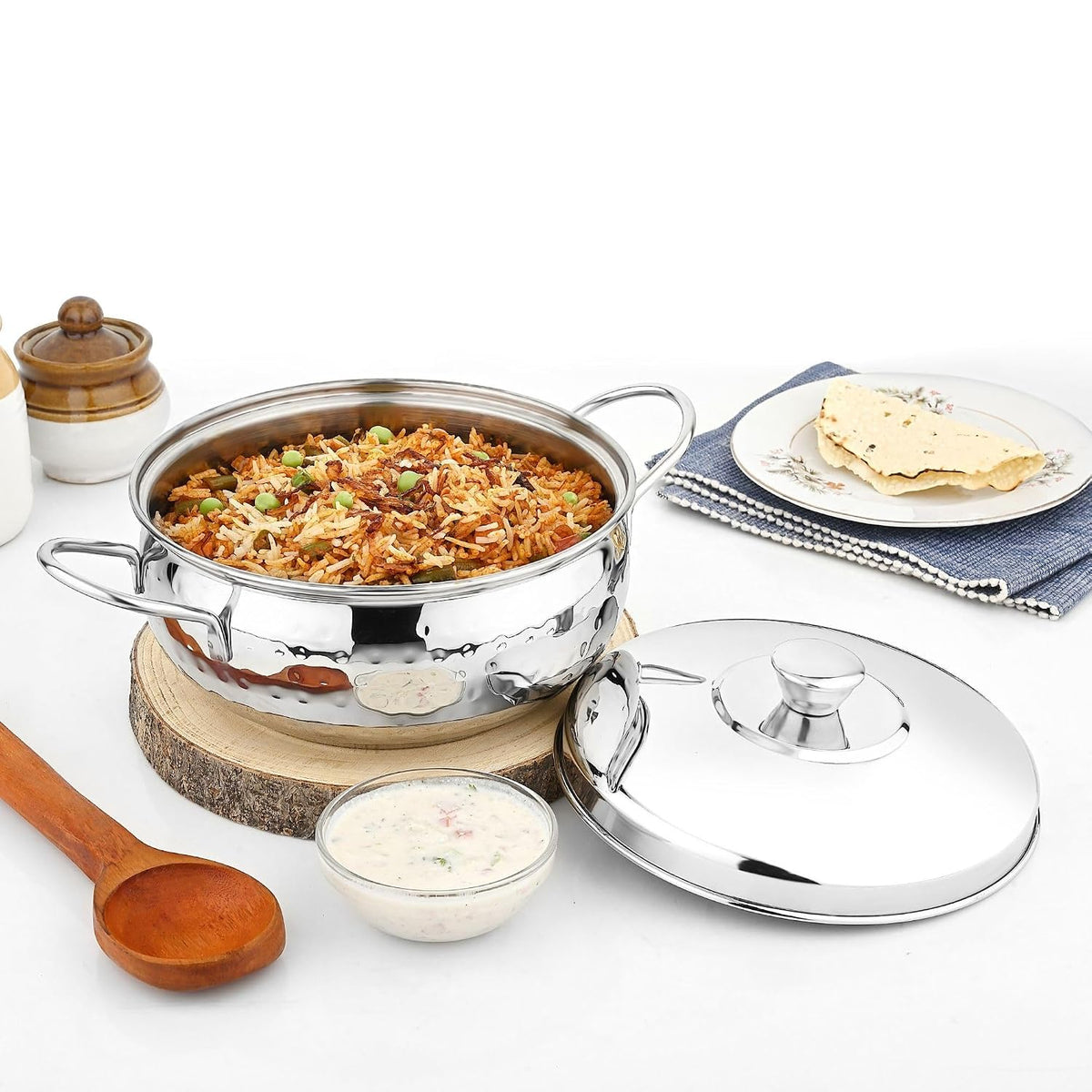 Vinod Stainless Steel Milano Hammered Serving Casserole with Steel Lid & Side Handle 1630 ml, 18 cm
