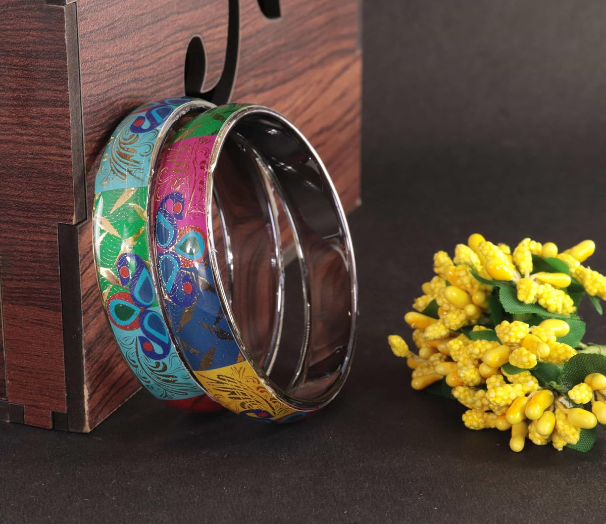NMII Glass Kada Set For Women & Girls Studded With Beads & Flower Printed Glossy Finished | Stylish Kada For Gift, Wedding & Daily Use