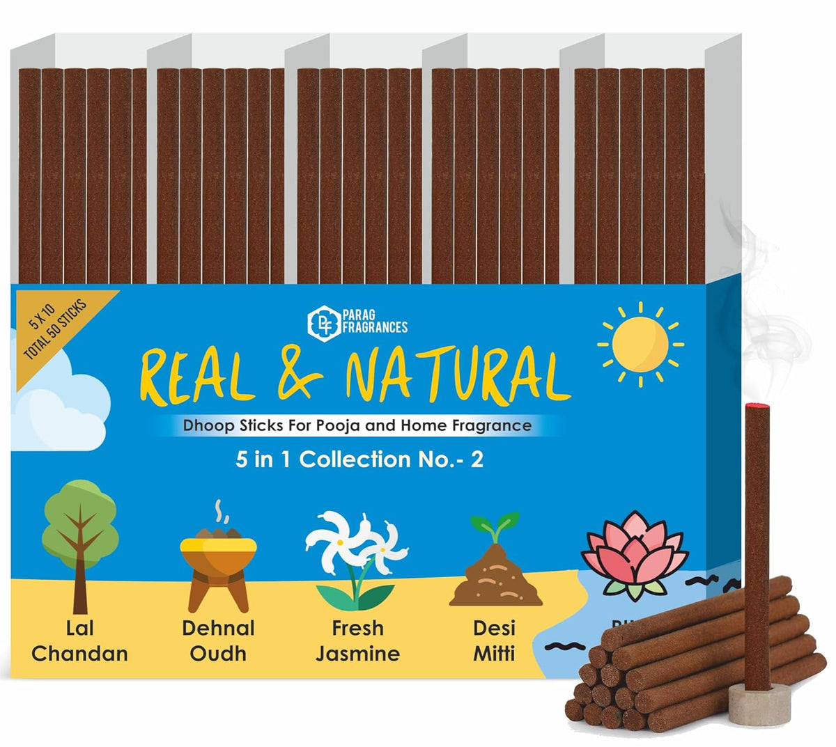 Parag Fragrances Real and Natural Dhoop Sticks Collection No.2 (Lal Chandan, Dehnal Oud, Fresh Jasmine, Desi Mitti & Pink Lotus) Dhoop Sticks for Home Fragrances & Pooja/Natural Dhoop Batti