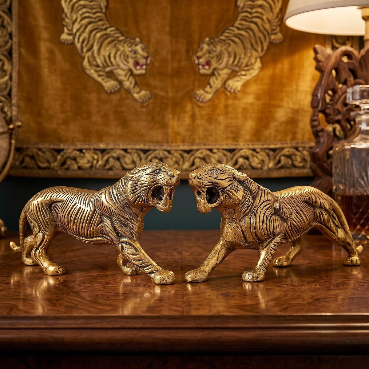 KridayKraft Golden Metal Antique Tiger 2 Pcs Set/Jaguar/Panther/Sher Figurine Table Top Decorative,Feng Shui & Vanstu,Animal Showpiece Figurines. Set of 2 pcs