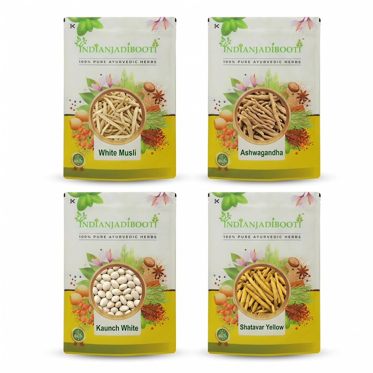 IndianJadiBooti Elite Vitality Bundle: Safed Musli, Ashwagandha, Yellow Shatavari & Kaunch Seeds White – Peak Bio-Performance, Strength & Stamina Stack – 4 x 100g