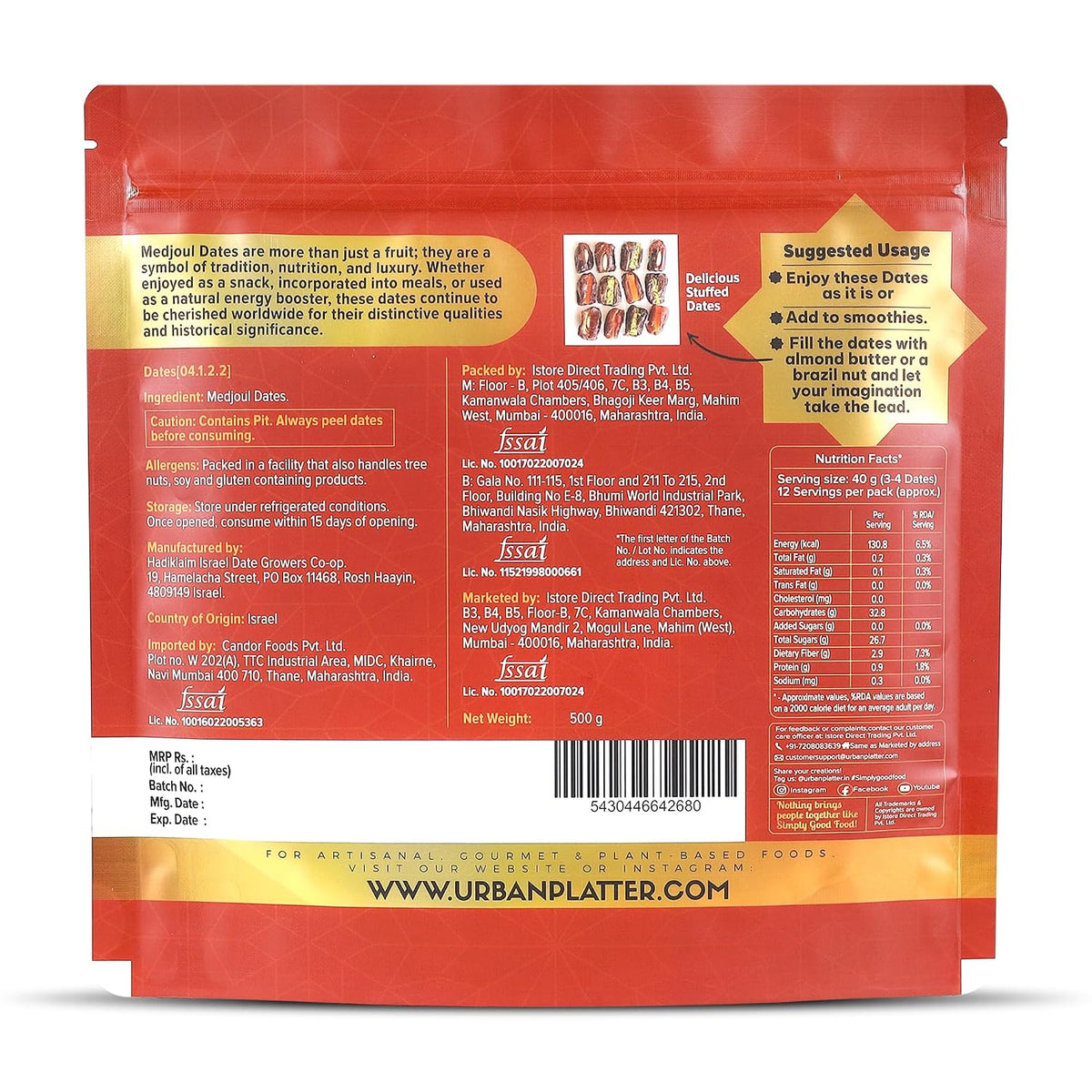 Urban Platter Medium Medjoul Dates, 500g (Hand-Sorted | Moist & Caramelly Texture | Perfect for Snacking & Gifting)