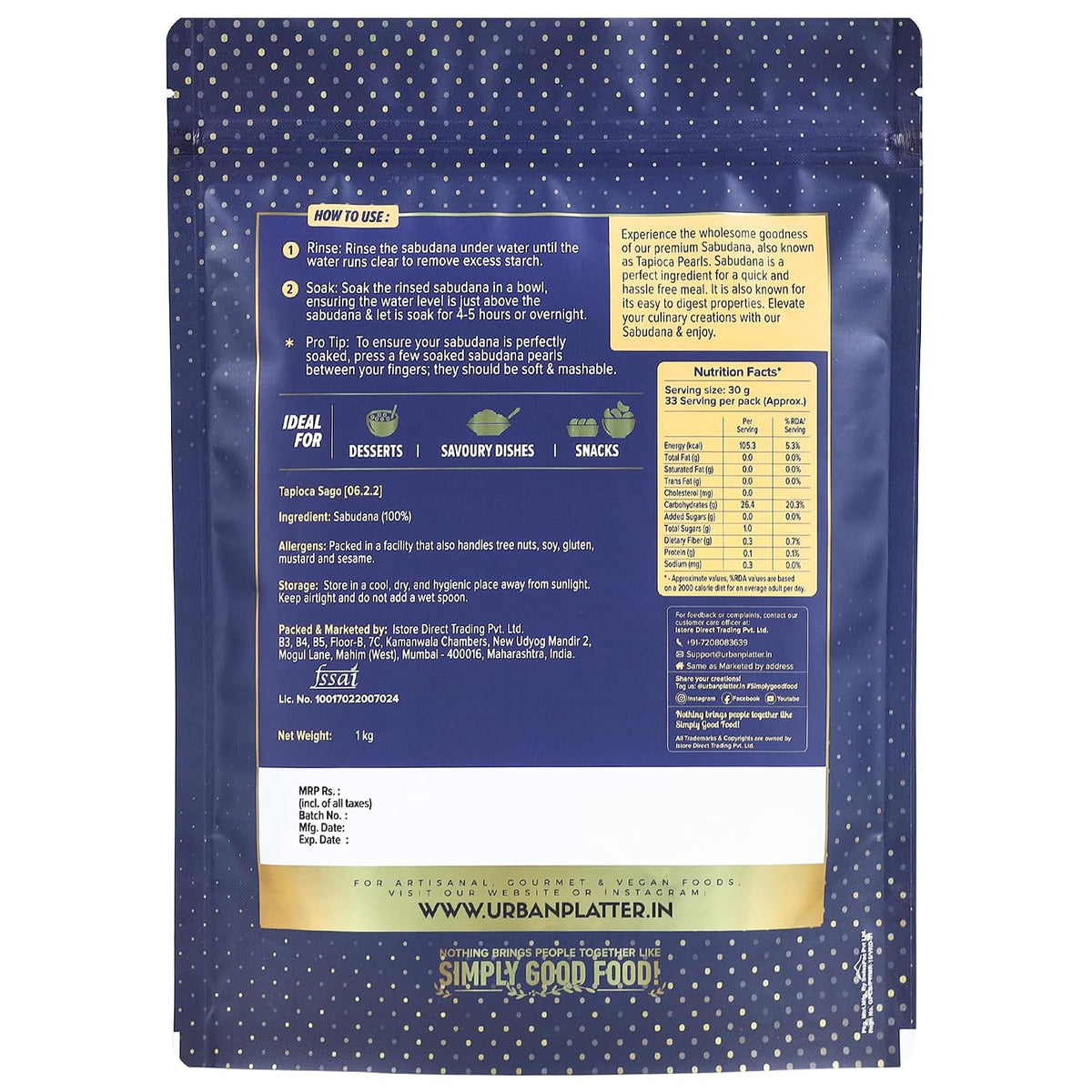 Urban Platter Tapioca Pearls Sabudana Sago, 1000 g