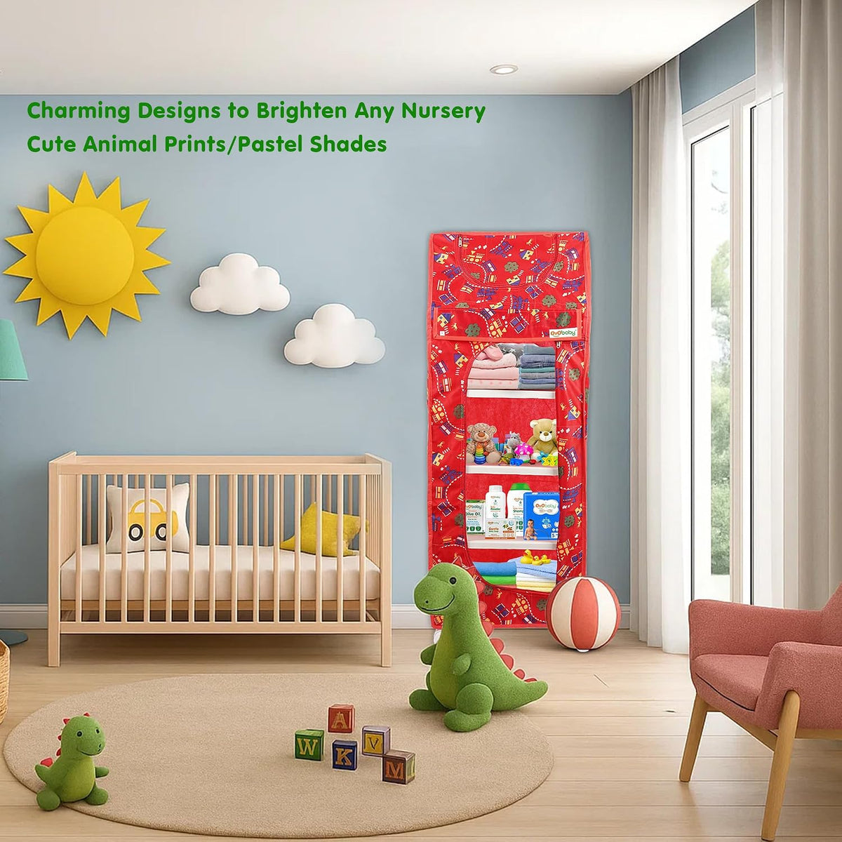 OYO BABY Kids Wardrobe for Storage 5 Shelves | Heavy Duty Plastic Almirah for Baby Clothes, Toys & Books Rack | Compact Storage Organizer for Nursery/Bedroom [Printed - Red]