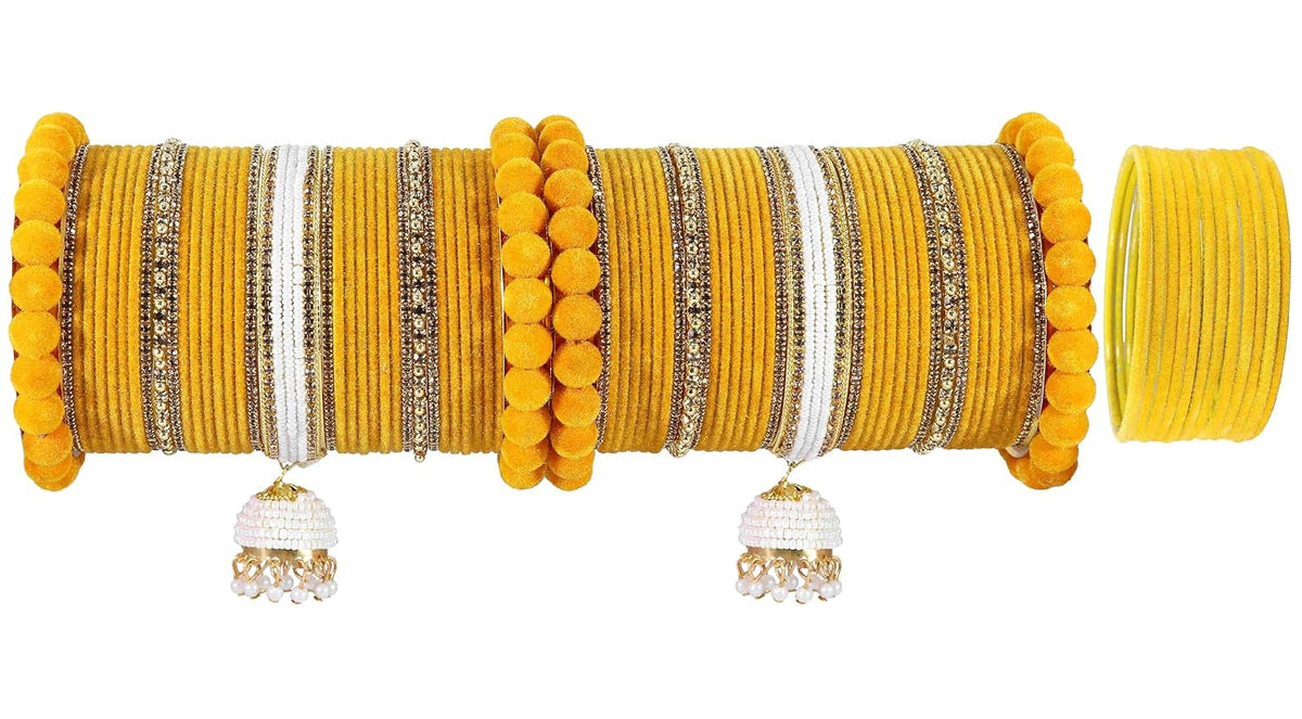 NMII Premium Gold Plated Metal Velvet Bangles Latkan Chuda Set For Bridal Women & Girls with Pearls Moti & Zircon Diamond | Dulhan Chura Fancy | Bridal Bangles Set for Wedding- Set of 70 Bangles