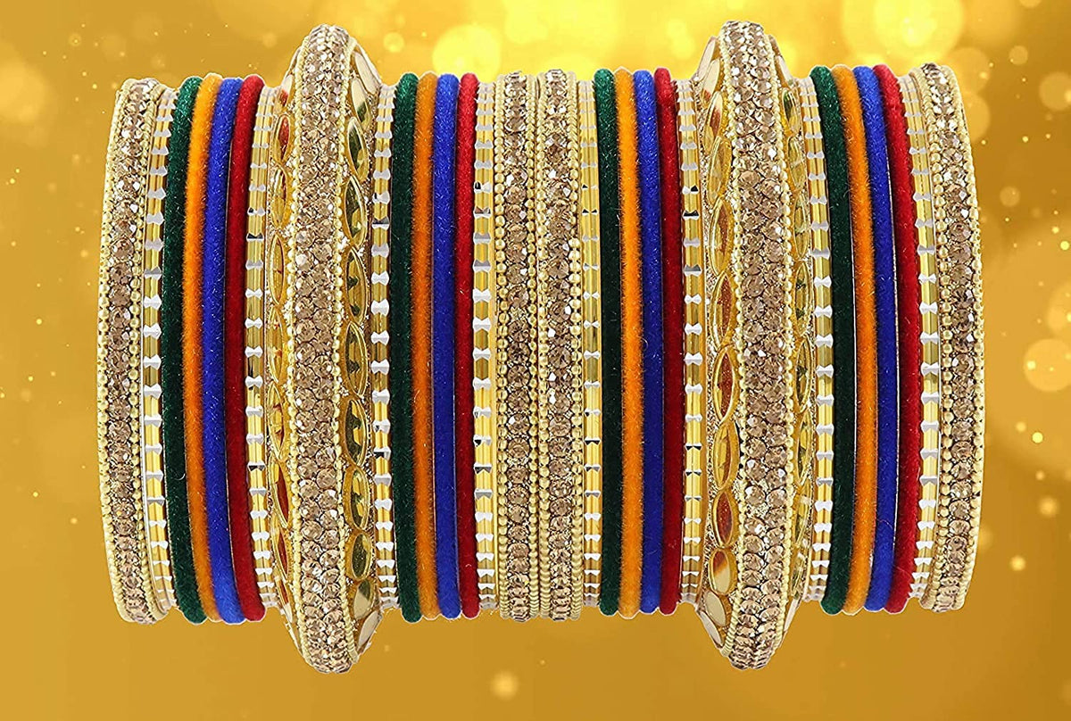 NMII Gold Plated Metal Bangles Velvet Bridal Chuda Set For Women and Girls with Premium Golden Zircon Stones & Beads Worked | Traditional Chuda Set For Women | Women's Bangles Wedding- Set of 30