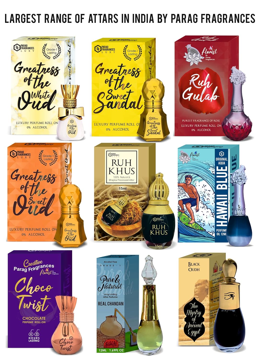 Parag fragrances Top Attars Collection Of India/Alcohol Free Attar Gift Pack (Top 6 Attars Of India, Oudh,White Oud,Musk Safi, Unisex Adult, Liquid)