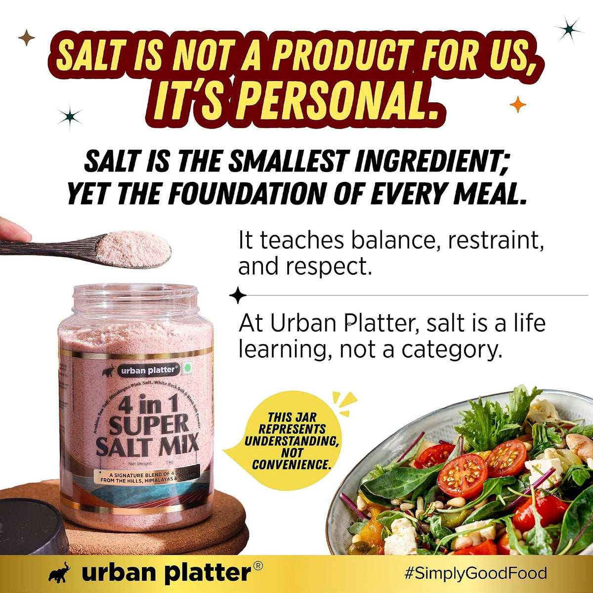 Urban Platter 4 in 1 Super Salt Mix, 1kg (Pink Himalayan Salt, White Rock Salt, Black Salt & Arabian Sea Salt | Signature Blend of Origin Salts | Everyday Cooking Essential)