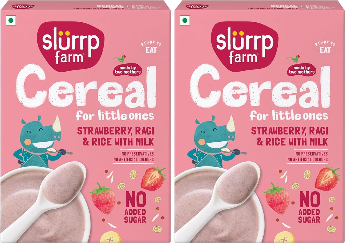 Slurrp Farm Cereal, Ragi, Rice and Strawberry with Milk, Instant Healthy Food, NO Added Sugar, Mildly Sweetened with Date Powder