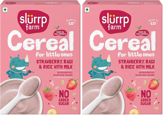 Slurrp Farm Cereal, Ragi, Rice and Strawberry with Milk, Instant Healthy Food, NO Added Sugar, Mildly Sweetened with Date Powder