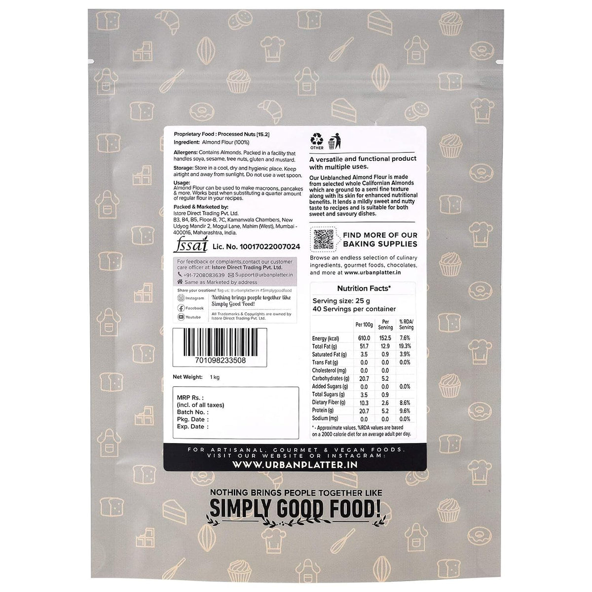 Urban Platter California Unblanched Almond Flour, 1kg (Naturally Gluten-free, Low-Carb, Ideal for Baking & Keto Recipes)