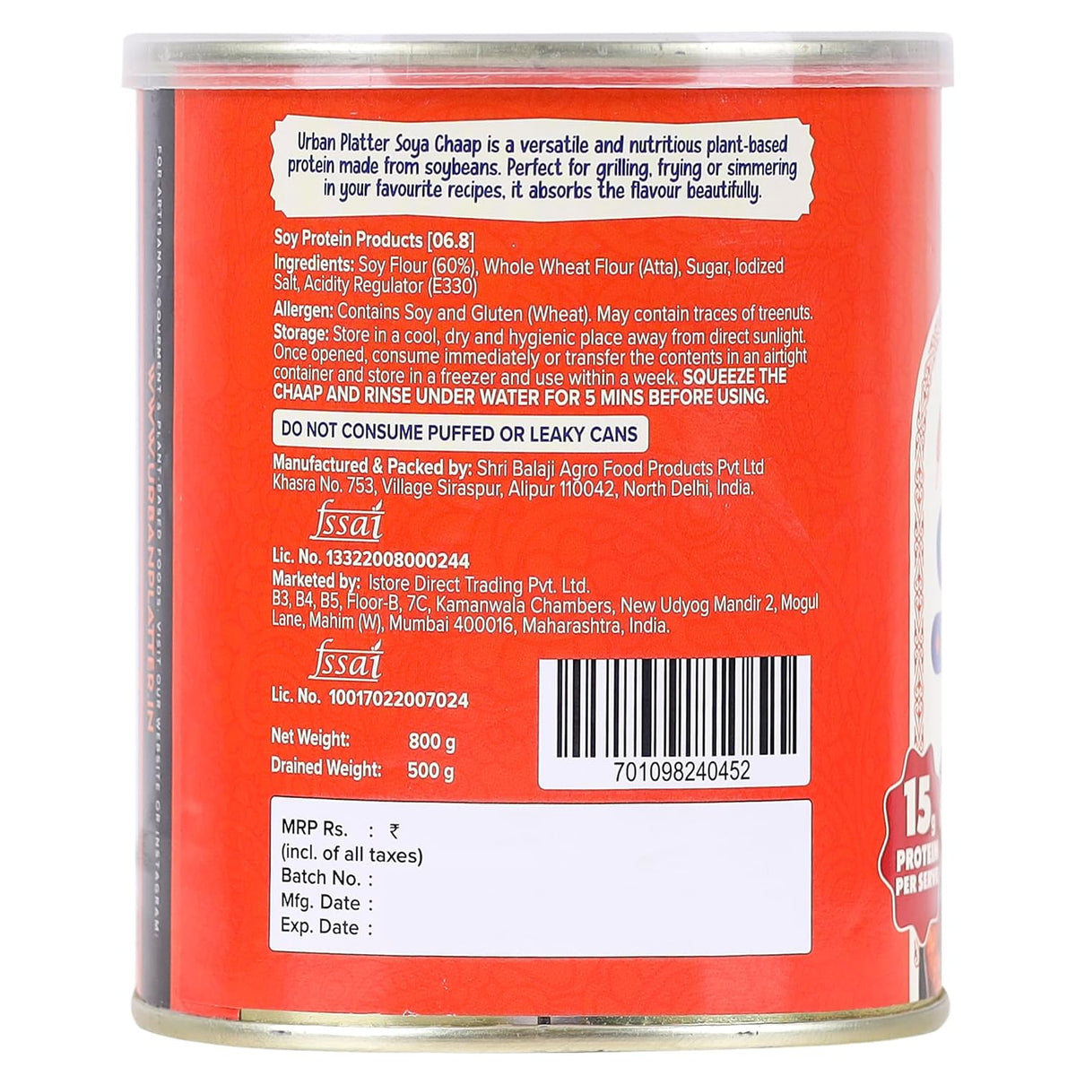 Urban Platter Soya Chaap in Brine, 800g (Canned | Chunks on Stick | Drained Weight - 500g, Rich in Plant Protein| Soy Chap)