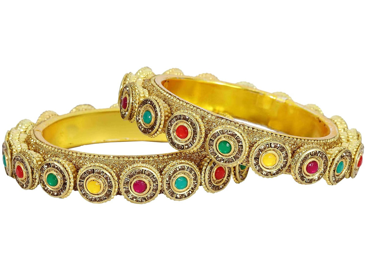 NMII Metal with Golden Zircon Stone & Beads Work Traditional Rajwadi Style Kada Bangles Set For Women & Girls | Gold Plated Bangles | Stylish Kangan | Bangles Set Wedding, Party, Occasion- Set of 2