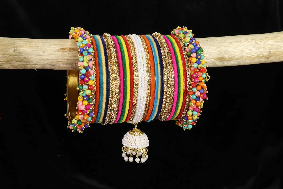 NMII Traditional Metal Velvet Bangles With Pearls & Zircon Stone Latkan Chuda Set for Bridal Women & Girls | Premium Set With Latkan for Wedding, Party, Festive, Occasion Wear - Set of 54