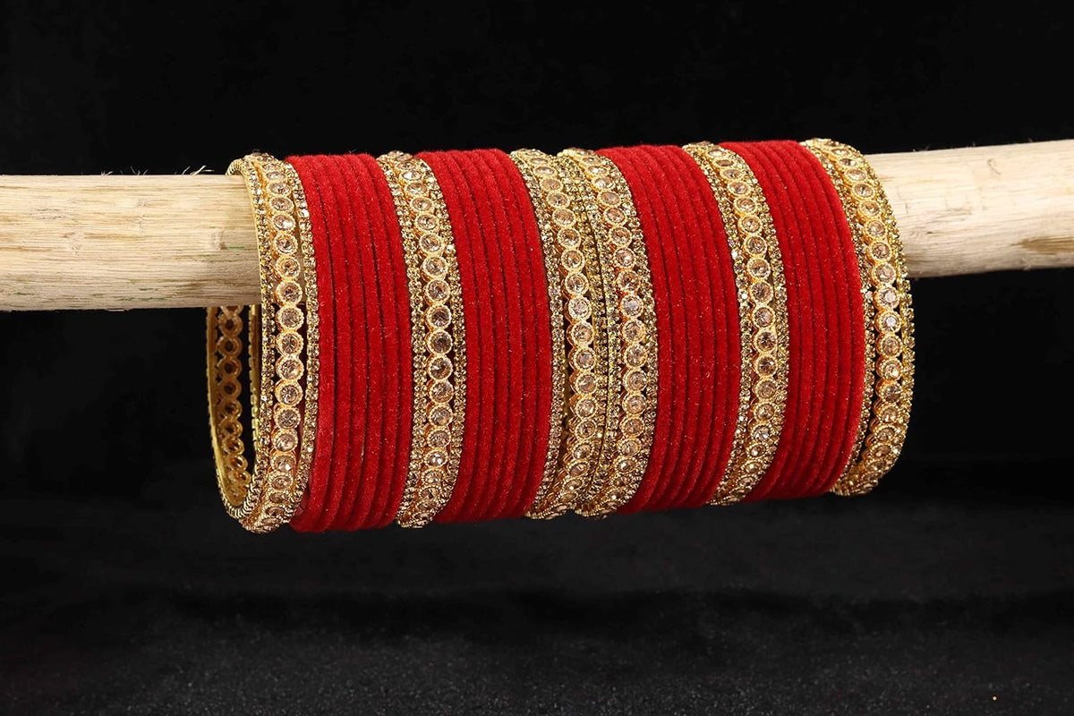 NMII Non-Precious Metal with Base Metal Zircon Gemstone Studded Glossy Finished Traditional Velvet Bangle set for Women and Girls