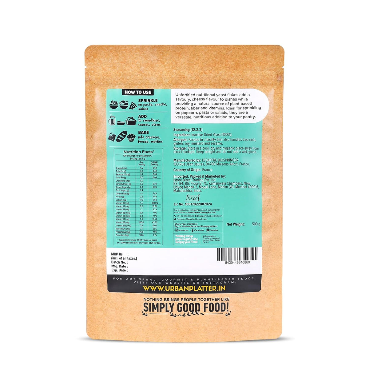 Urban Platter Unfortified Nutritional Yeast Flakes, 500 g (Plant Based | Nutty and Cheesy | Nooch)