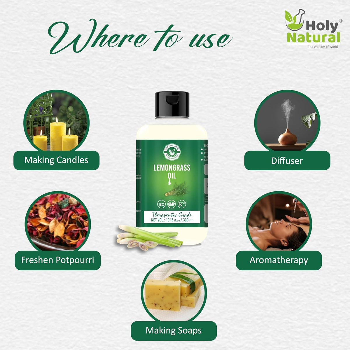 Holy Natural Lemongrass Oil for Hair Fall, Moisturising Skin, Face | Therapeutic Grade, Steam Distilled, Home Diffuser | 300ml