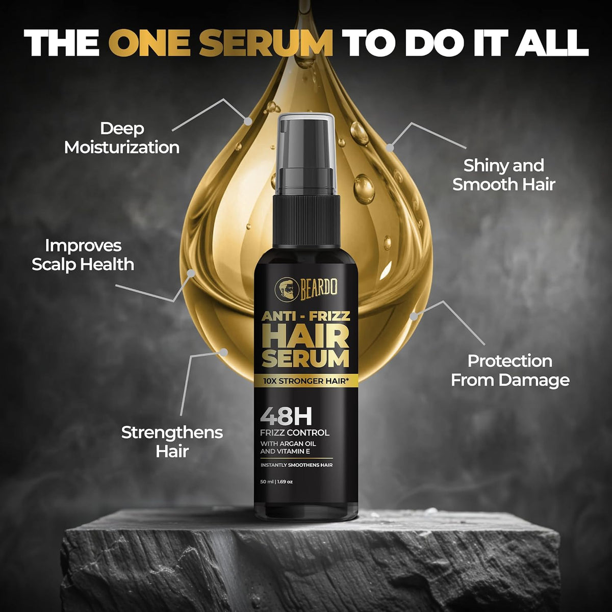 Beardo Anti-Frizz Hair Serum with Argan oil & Vitamin E| 48H Frizz Control & Smooth Hair | Hair Styling Serum for Men| Tames Frizz & Rough Hair | Daily Use Serum For All Hair Types | 50ml