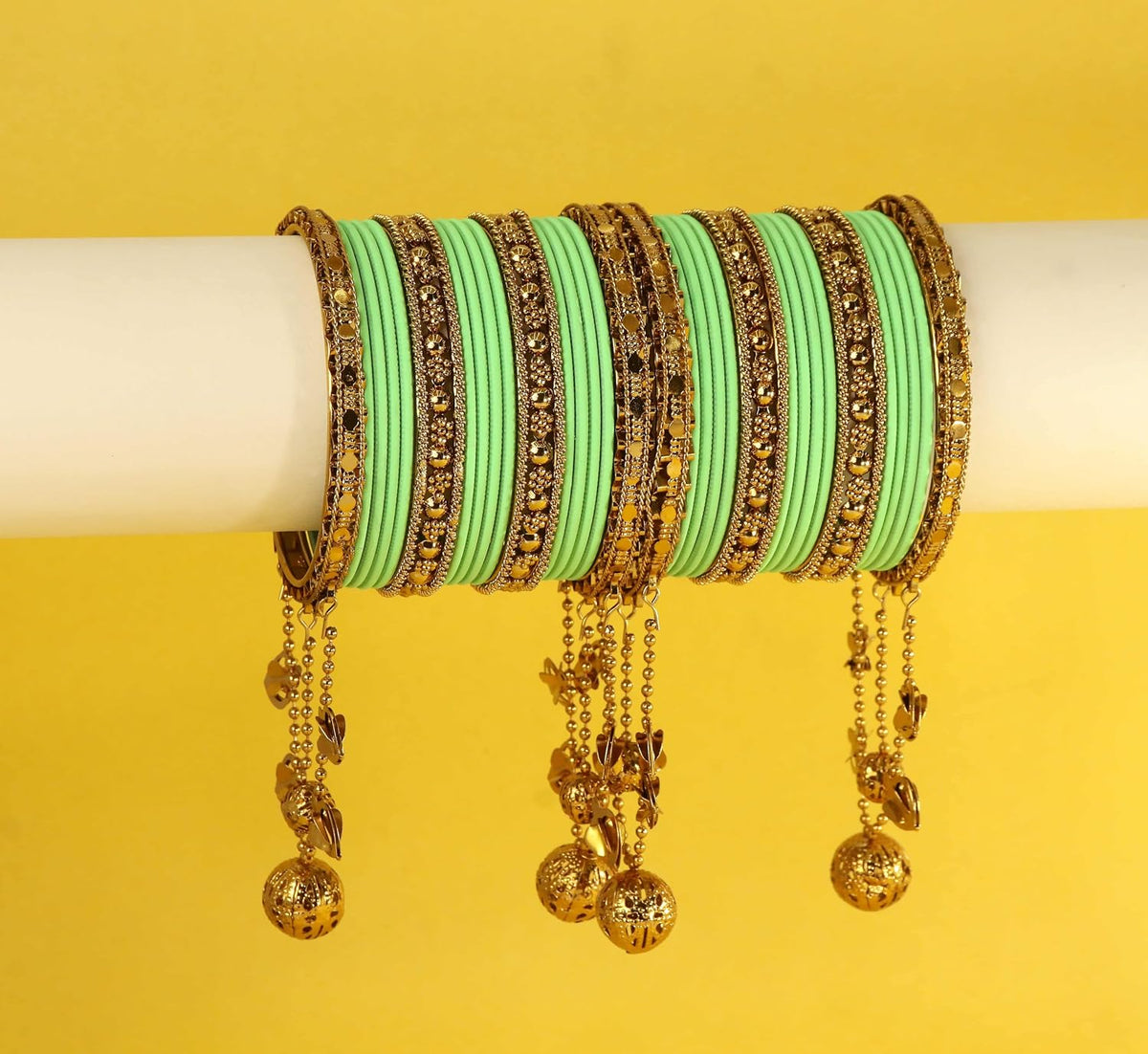 NMII Designer Bridal Chuda Set With Latkan | Gold Plated Traditional Metal Bangles with Decorative Latkan | Wedding, Karwa Chauth, Teej, Mehendi, Haldi Chuda (Pack Of 40)