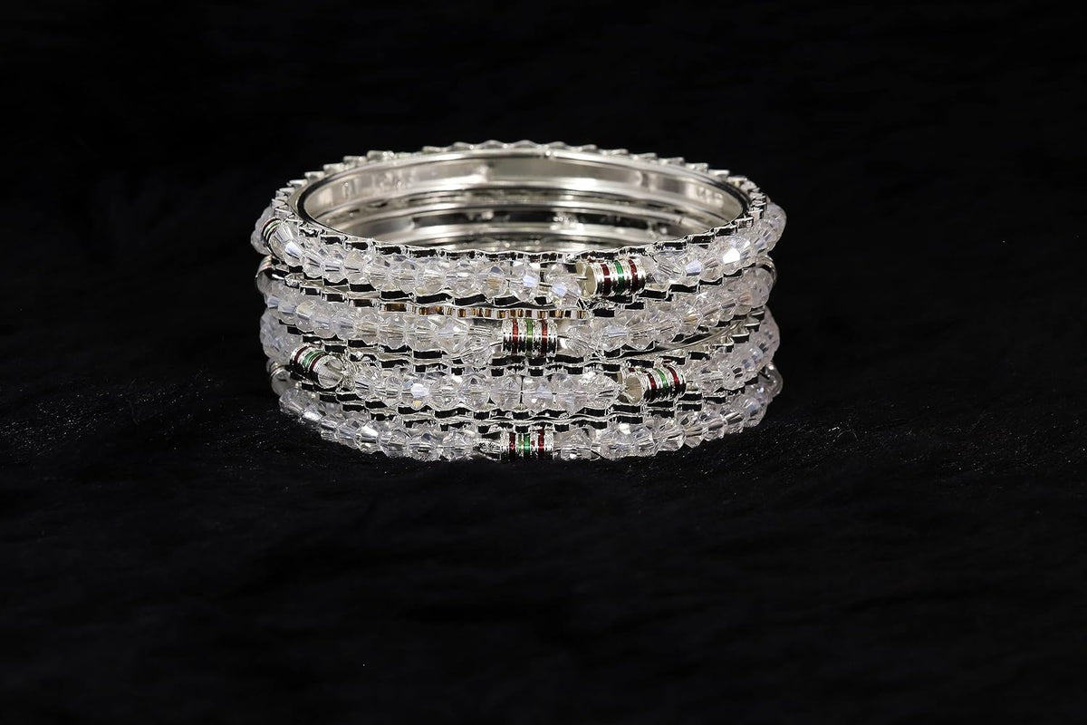 NMII Alloy Metal Silver Bangles Set For Girls and Women Studded Pearls & Beads| Fancy Stylish Bangles | Metal bangles | Women's Bangle | (Pack of 4)