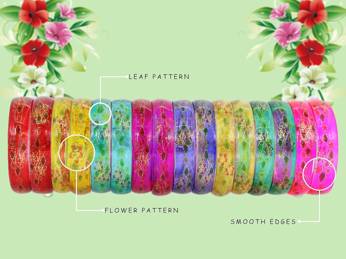 NMII Multi Colour Glass with Flower Print Kada Bangles Combo Set For Women and Girls | Fancy Glass Bangles Bracelet | Stylish Women's Kangan | Plain Simple Kada- Set of 16