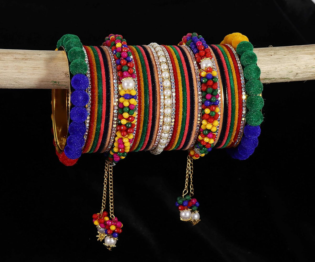 NMII Velvet Metal Bangles Pearls Moti Latkan Chuda Set For Bridal Women & Girls with American Diamond Stone | Beautiful Chuda Set | Bangles For Women | Premium Chura Set For Women- Set of 74