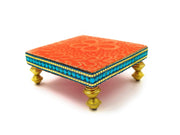 SHINDE EXPORTS Wooden Meenakari Velvet Chowki Bajot choki chaurang patla for Idols and Pooja Articles (Orange, 9.5x9.5cm)