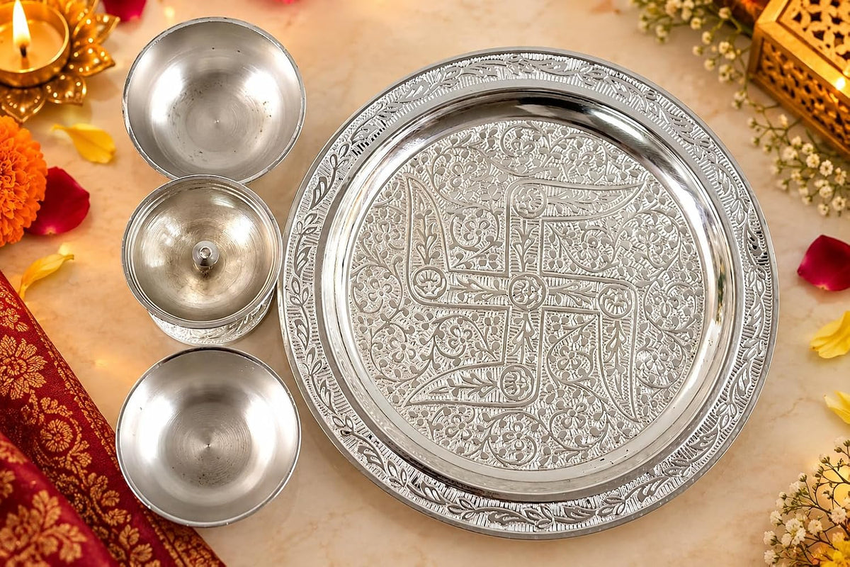 KridayKraft Silver Plated Pooja Thali Set with Swastik Design - Includes Diya and 2 Bowls for Puja, Diwali, and Gifting (19 cm Plate, 110g)