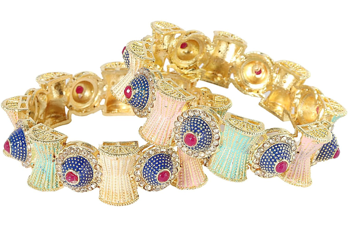 NMII Gold Metal Bangles Rajwadi Style Kangan Set For Women & Girls with Zircon Diamond | Traditional Girl's Bangles Bracelet | Latest Kada For Women Trendy | Wedding, Party, Festive, Daily- Set of 2
