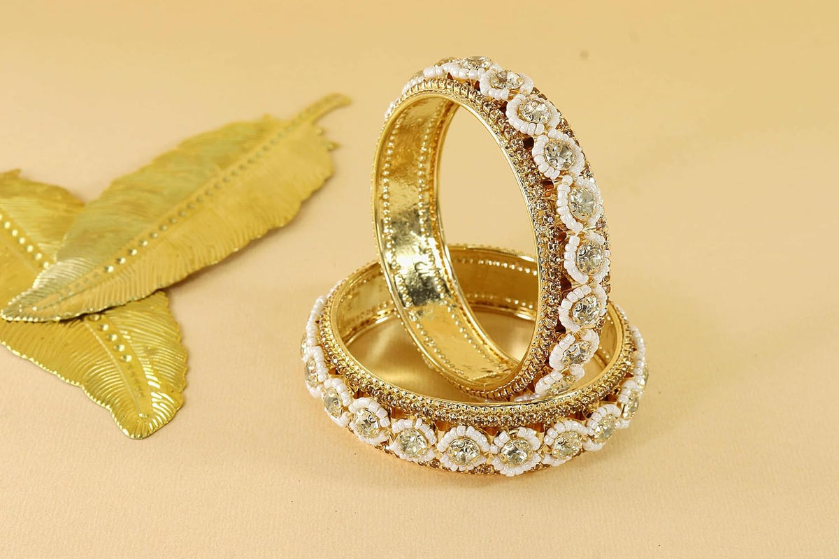 NMII Traditional Metal with Zircon Diamond & White Moti Pearls Bangles For Women & Girls | Designer Kangan Set | Girl's Bangles Bracelet | Stone Bangles | Women's Kada Fashion Jewellery- Set of 2