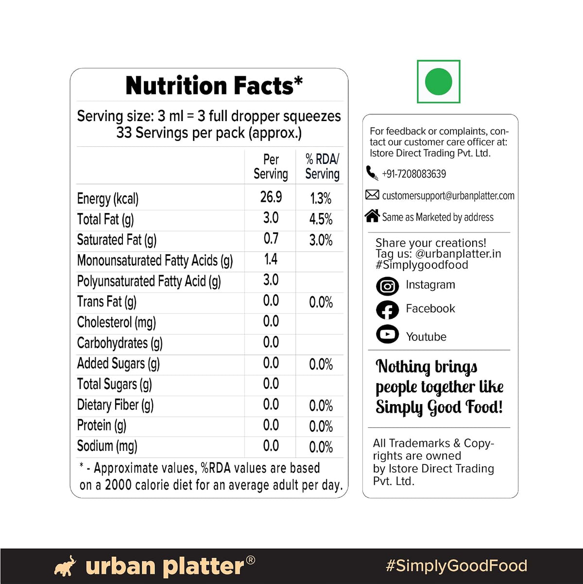 Urban Platter Black Seed Oil, 15ml (Cold-Pressed, 2% Naturally Occurring TQ, Anti-Inflammatory, Consume daily for overall well being and vitality)
