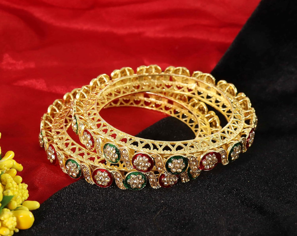 NMII Traditional Kundan Stone Work Metal Bangles For Women & Girls | Mirror Bangles | Bangles For Women Wedding, Party, Festival, Function | Women's Fashion Jewellery