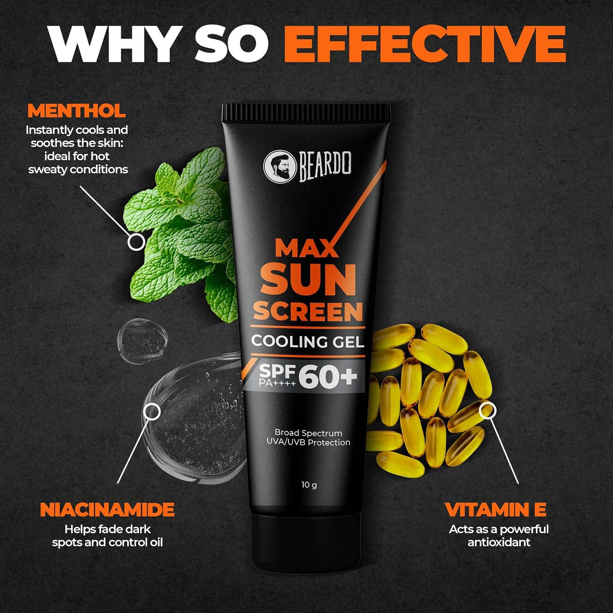 Beardo Max Cooling Gel Sunscreen SPF 60+ PA++++|UVA/UVB Protection | No White Cast |Ultra Lightweight Texture | Non-Greasy |Sunscreen for Men-10g