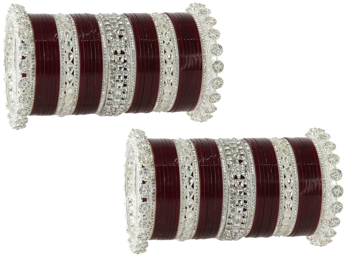 NMII Premium Metal Bangles Silver Chuda Set For Bridal Women & Girls with Zircon Diamond & Kundan Beads | Designer AD Chuda | Bridal Bangles Chooda Set For Wedding, Party, Occasion-Set of 74