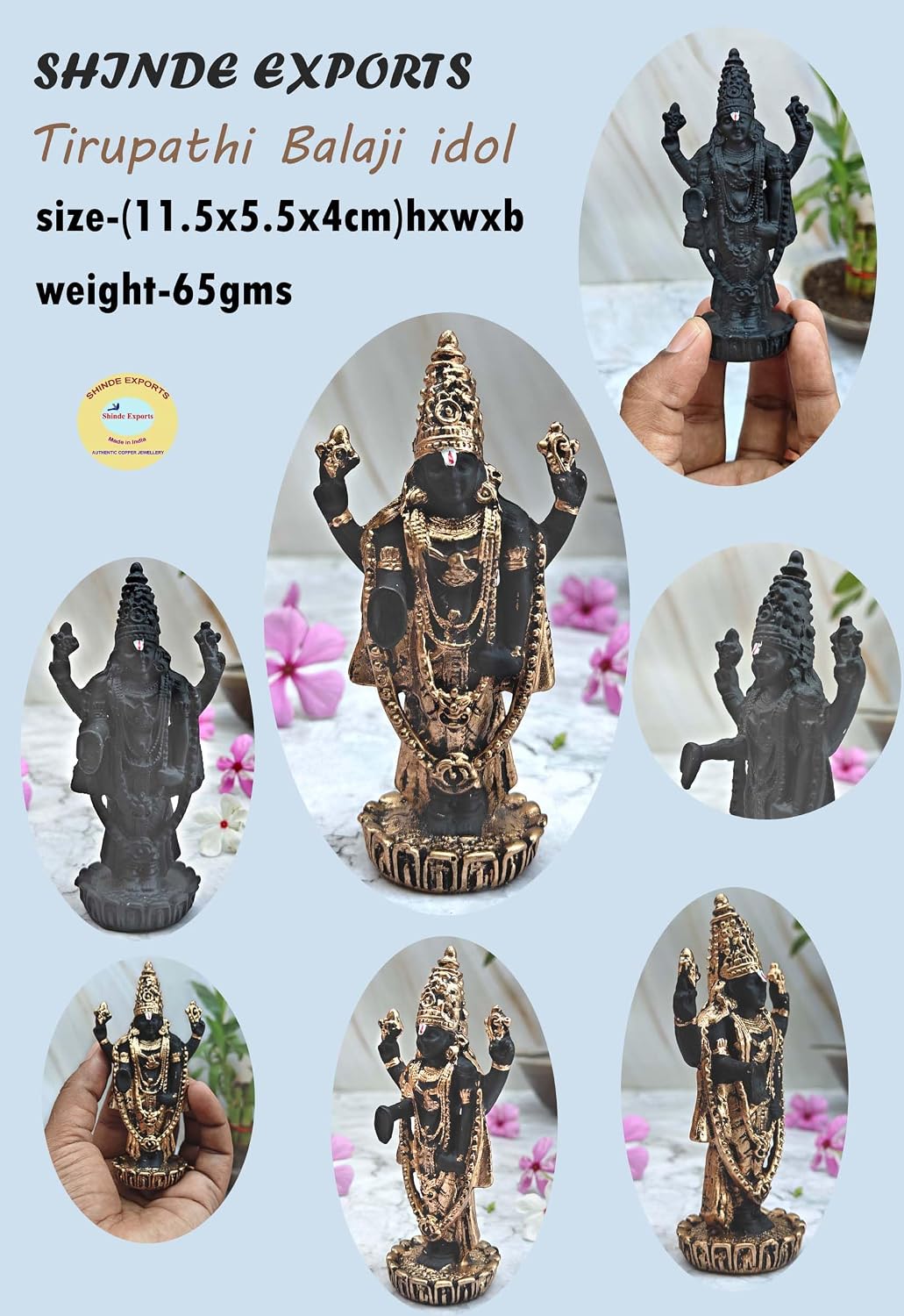 SHINDE EXPORTS Govinda Idol for car Dashboard/Balaji murti for car/tirupati Balaji murti/Balaji Vishu Statue for Pooja Room (Gold)