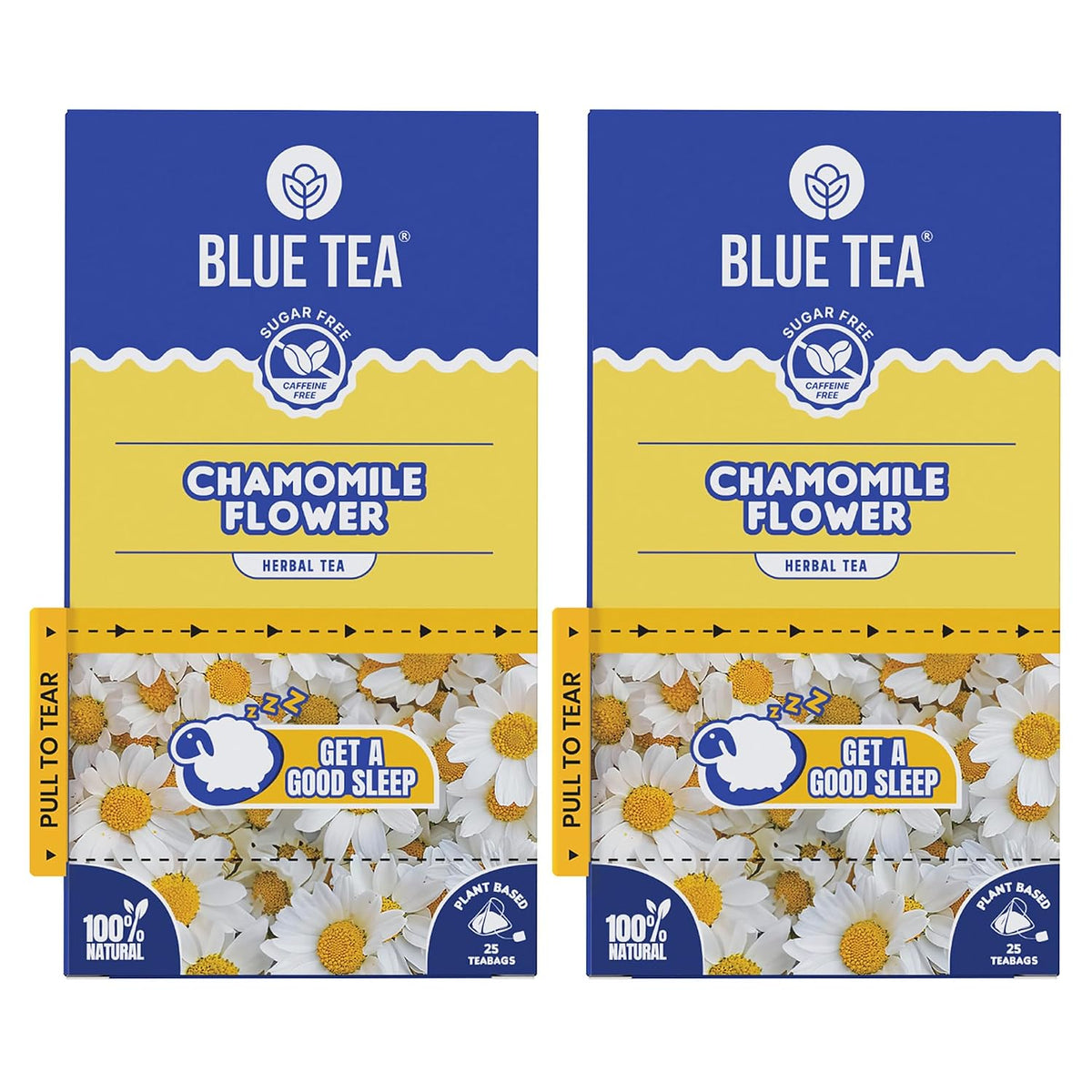 BLUE TEA - Chamomile Tea - 25 Tea Bags (Pack of 2) Plant Based | Sleep & Relaxation | Caffeine Free - Flower Based - Herbal Tea | Single Tear Tea Box | Easy Pull Sachets