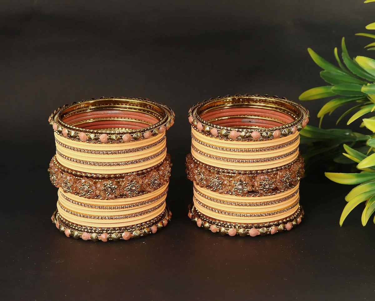 NMII 46 Pcs Premium Velvet Bridal Chuda Set Work With Zircon Stone & Floral Design | Gold Plated Link Chain Chudi | Stone Studded Bangles | Beads Bridal Chuda | Designer Chura For Wedding & Festive
