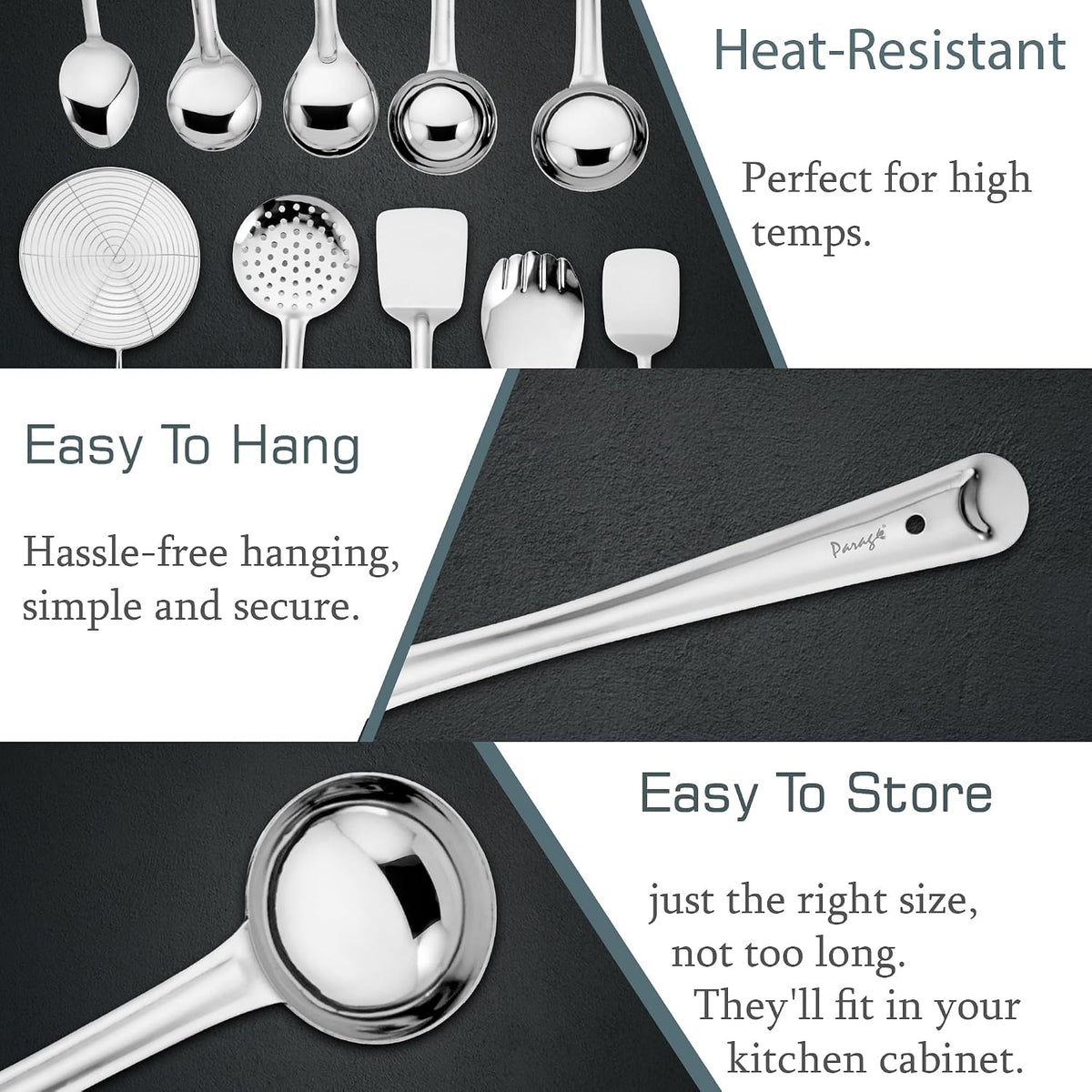 Parage Stainless Steel 10 Pieces Cooking Spoons Set, Contains Ladle, Turner, Strainer, Rice Spoon, Oval Spoon, Serving Spoon, Kitchen Cooking Essential Set for Home, 10 Pcs