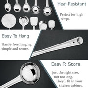 Parage Stainless Steel 10 Pieces Cooking Spoons Set, Contains Ladle, Turner, Strainer, Rice Spoon, Oval Spoon, Serving Spoon, Kitchen Cooking Essential Set for Home, 10 Pcs