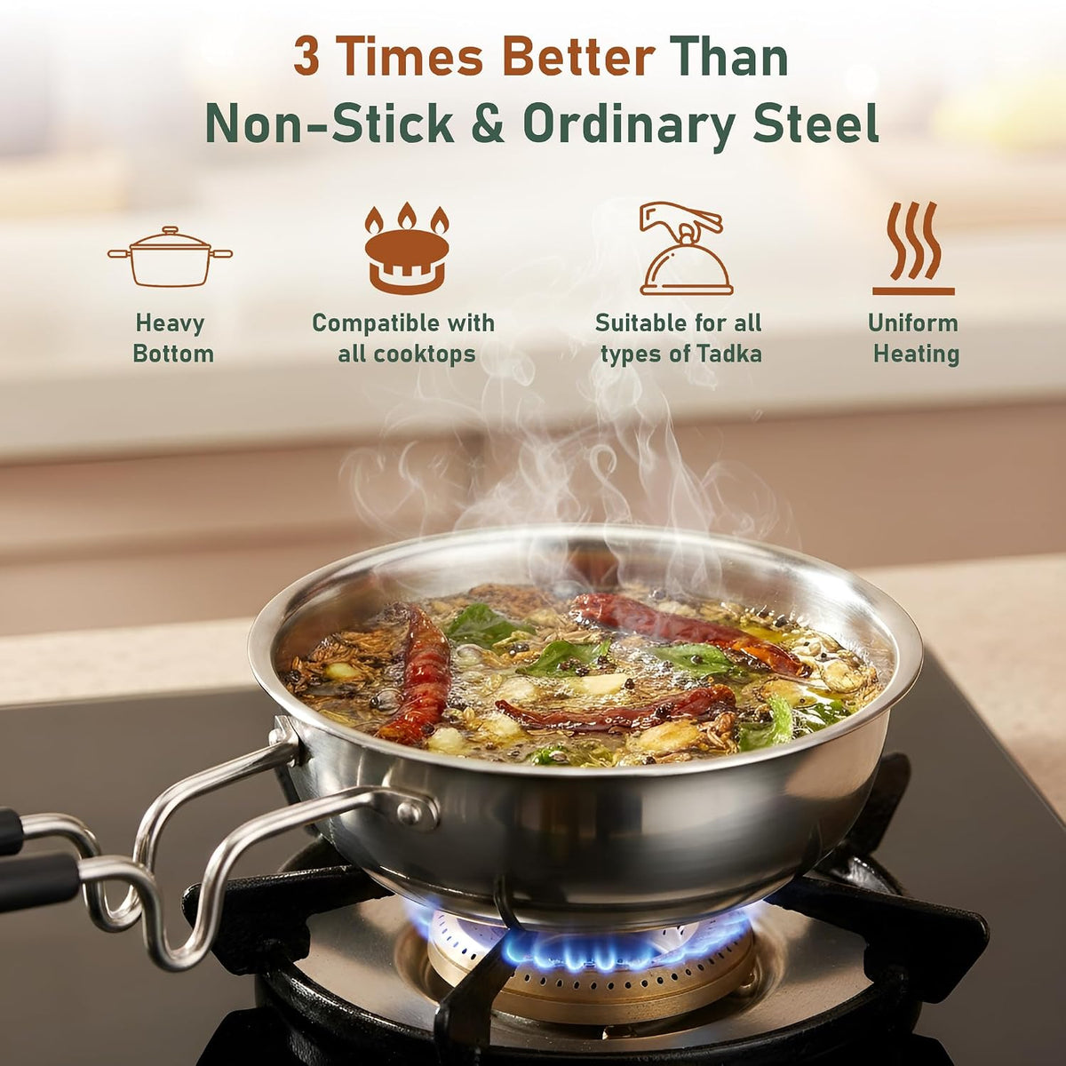 Parage 1 Pc Triply Stainless Steel Tadka Pan 500ml with Heat Resistant Handle | Tripure | Small Deep Tempering Pan for Dal, Ghee & Curry | Durable Steel Tadka Pan for Indian Cooking (13 cm Diameter)