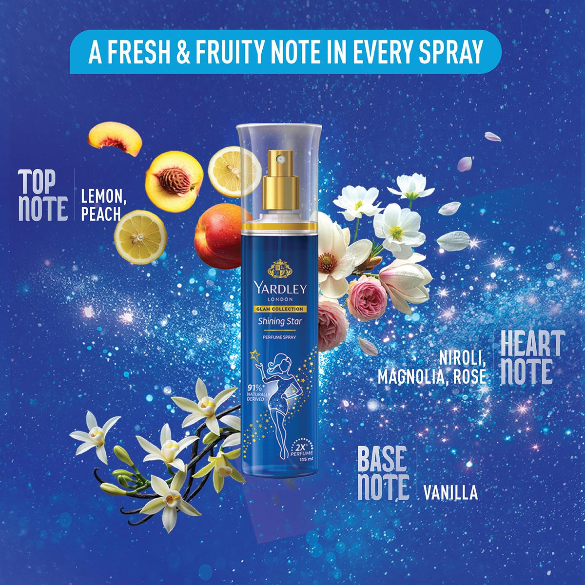 Yardley London Glam Collection Shining Star Fine Fragrance Body Mist Spray | 2X Perfume for Women | 91% Naturally Derived | Peach, Magnolia, Niroli & Vanilla