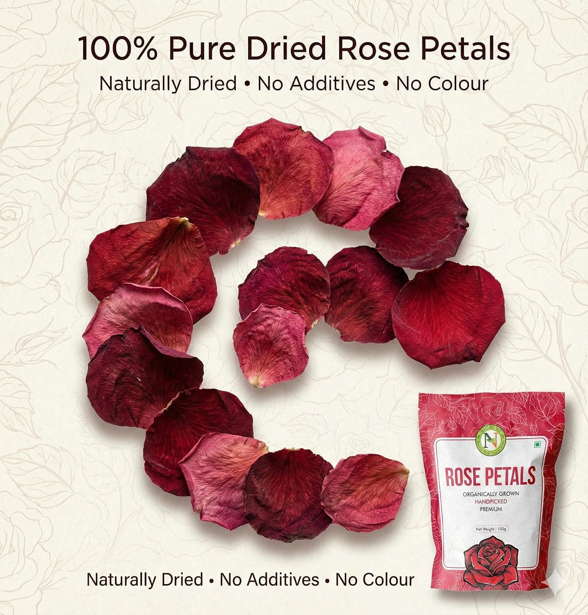 NatureVit Dried Rose Petals 100g | Natural & Edible Rose Petals for Tea, Desserts, Skincare & Decoration | 100% Pure and Fragrant